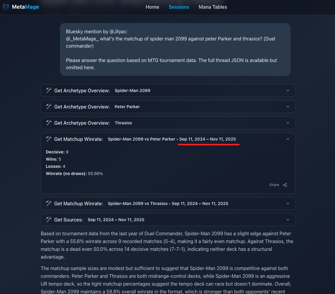 Session page screenshot showing tool call with date parameters